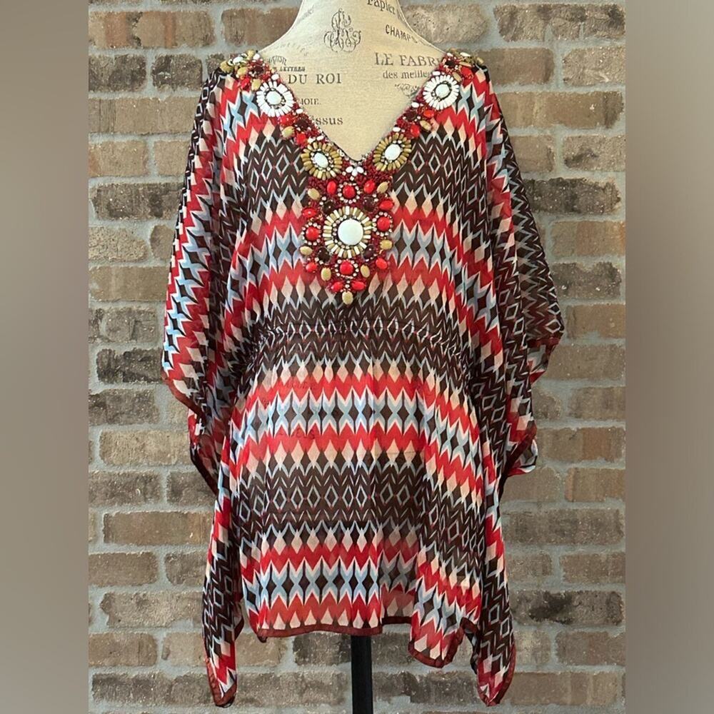 Boston proper red brown beaded embellished caftan top or swim cover up sz small